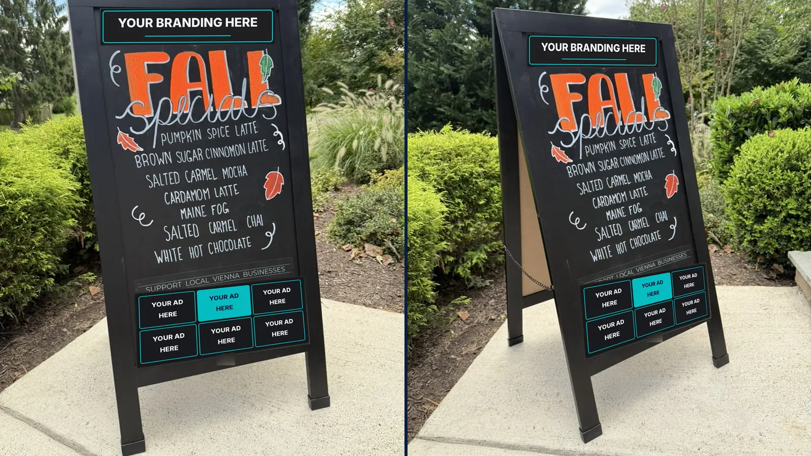 An A-frame sidewalk board outside a venue. The host name area reads Your branding here, and six bottom slots read Your ad here.