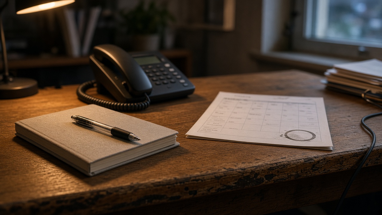 Desk phone and a notebook at the end of a workday.